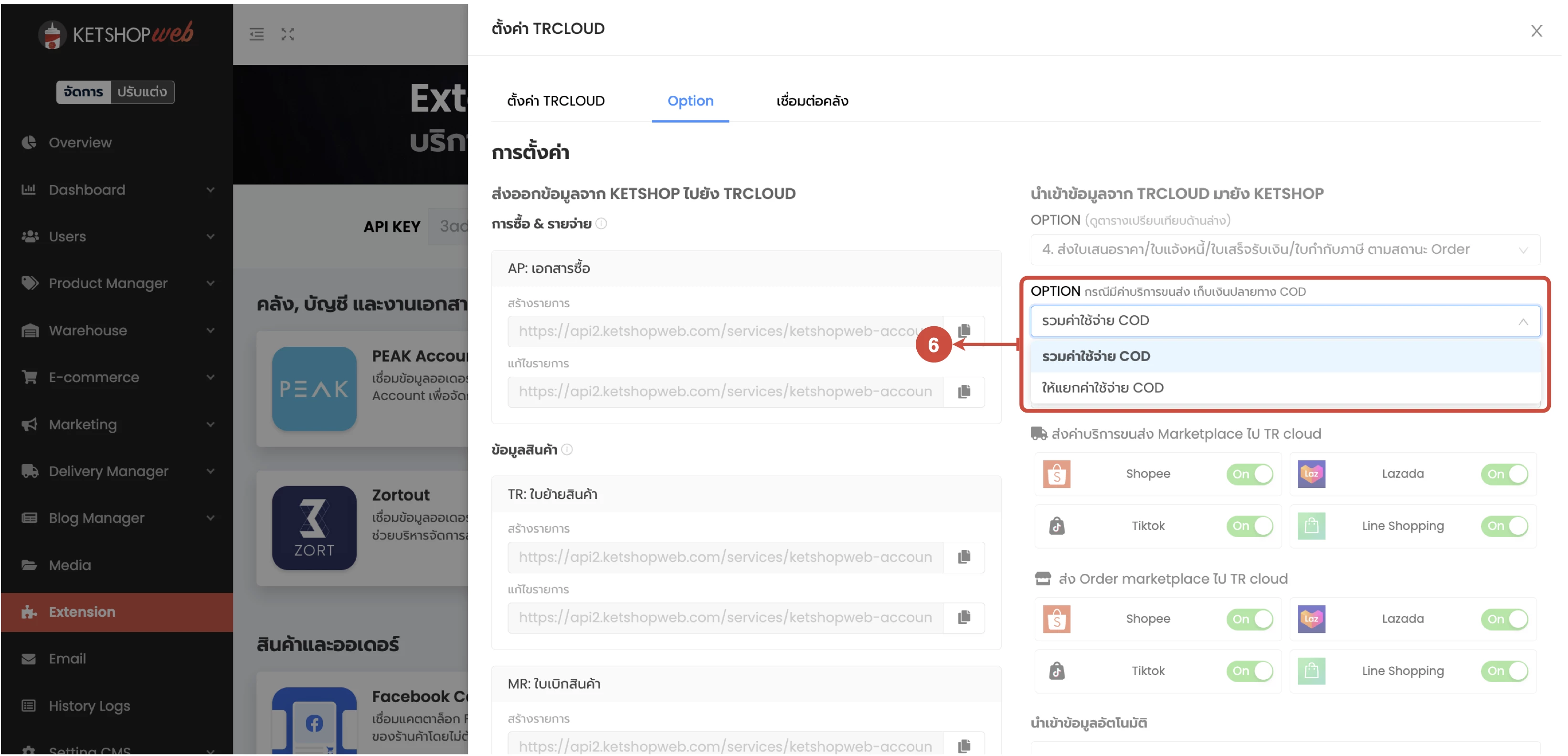 การตั้งค่า การส่งคำสั่งซื้อไปสร้างเอกสารใน TRCLOUD