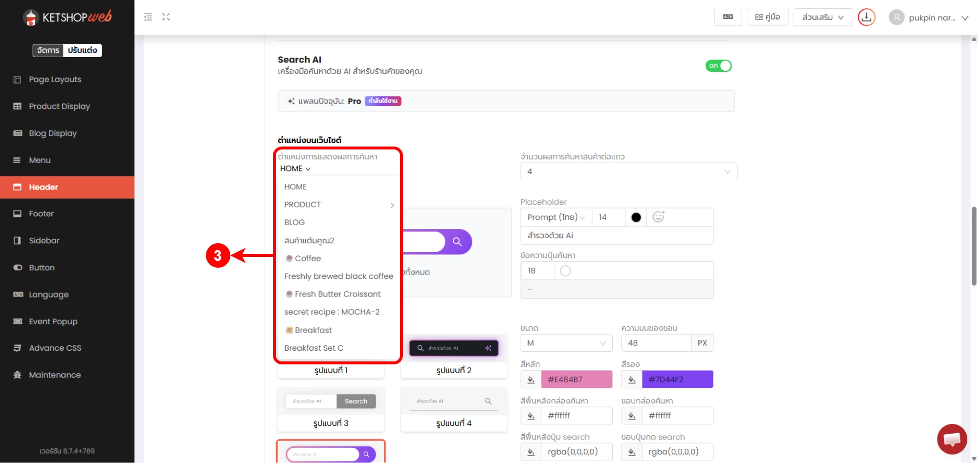 เลือกหน้าเพจที่ต้องการให้แสดง AI Search
